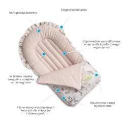 Zdjęcie produktowe prezentujące zestawienie trzech dostępnych wymiarów dziewczęcego becika: 35x75 cm, 35x80 cm i 40x90 cm